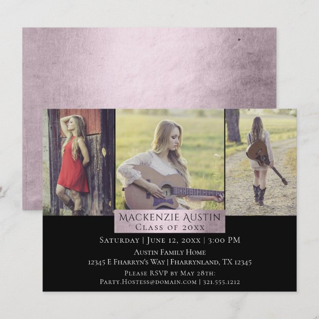 Invitation Collecte des diplômes | Rose rose Blush 3 - Mot ph (Devant / Derrière)