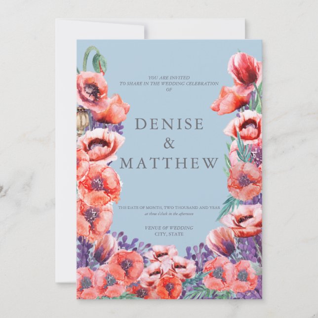 Invitation Collection de coquelicots avec fond bleu Omphalode (Devant)