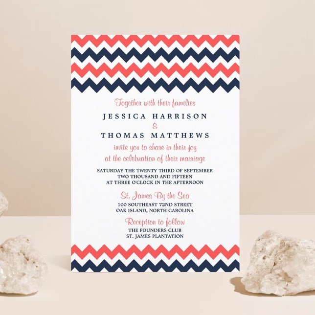 Invitation Collection Mariage moderne Chevron Marine & Coral (Créateur téléchargé)