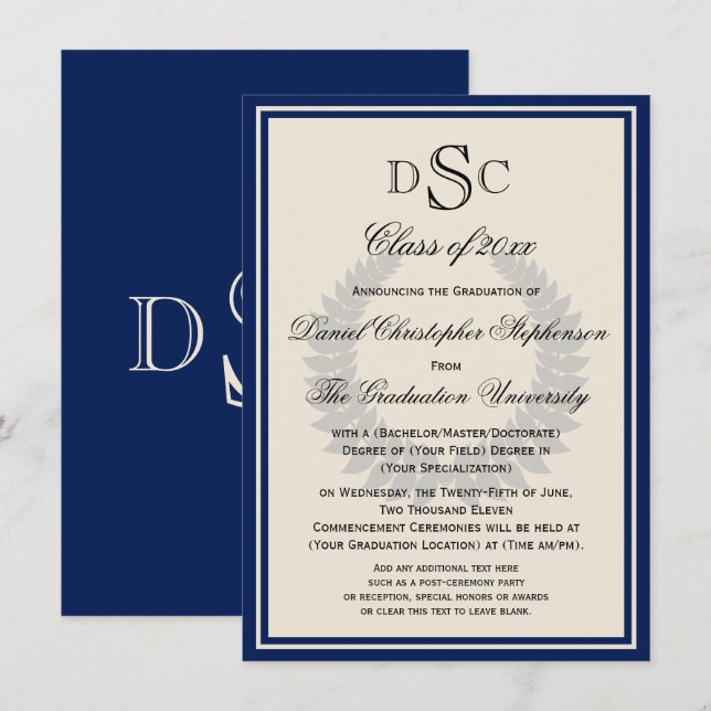 Invitation Collège Classique Monogram Laurel De La Marine (Devant / Derrière)