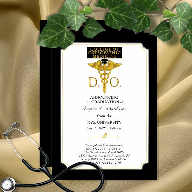Invitation Collège de médecine ostéopathique DO Médecin diplô (Elegant College of Osteopathic Medicine "D.O." Physician Graduation Invitation - Print | Download)