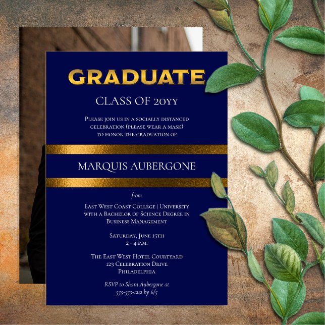 Invitation Collège Sleek | Bleu univ | Gold Graduation Party (Sleek College or University Blue | Gold Tone Graduation Announcement and Party Invite Print Digital)