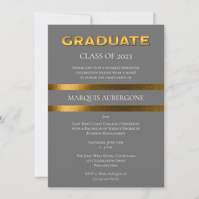 Invitation Collège Sleek | Gris Univ | Gold Graduation Party (Devant)