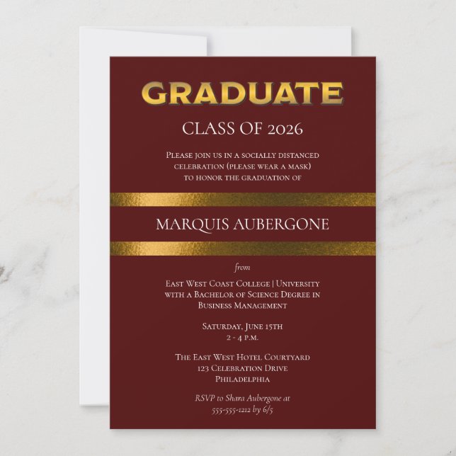 Invitation Collège Sleek | Maroon Univ| Gold Graduation Party (Devant)