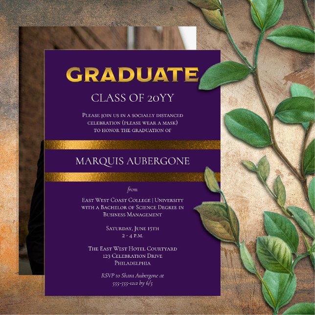 Invitation Collège Sleek | Univ Purple| Gold Graduation Party (Sleek College or University Purple | Gold Graduation Announcement and Party Invitation Print Digital)