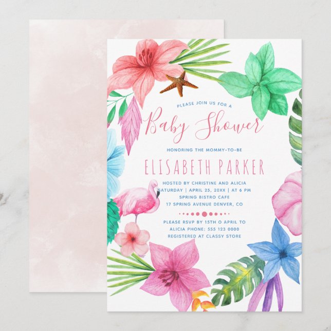 Invitation Collier de fleurs rose tropicales hawaïennes pour  (Devant / Derrière)
