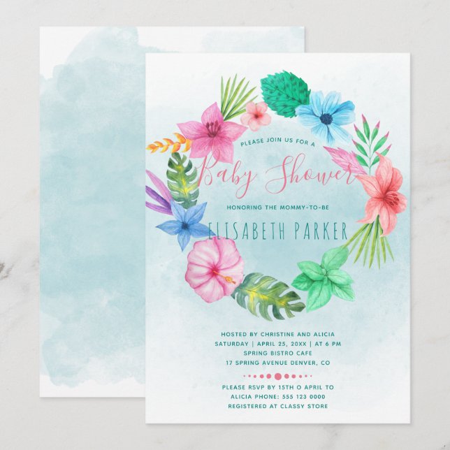 Invitation Collier de fleurs tropicales bleues hawaïennes pou (Devant / Derrière)