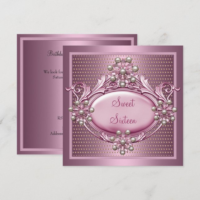 Invitation Collier de perle rose satin pour anniversaire Swee (Devant / Derrière)