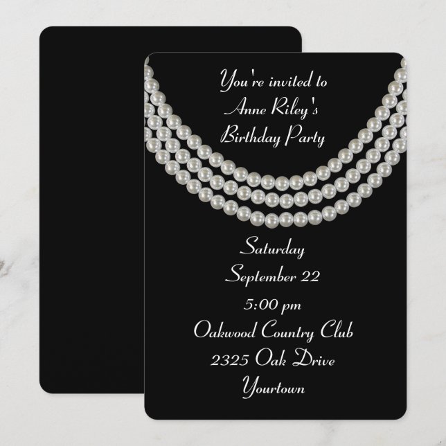 Invitation Collier de perles blanches Birthday Party sur fond (Devant / Derrière)