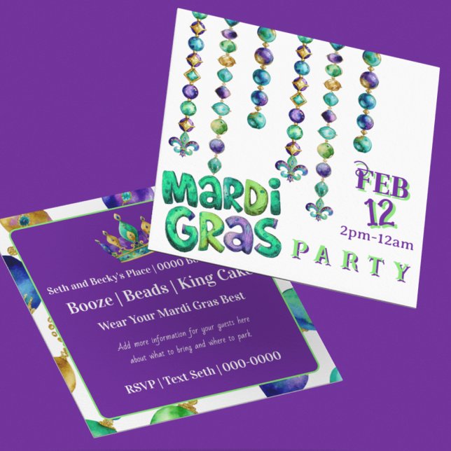 Invitation Collier de perles Mardi Gras (Personalize the front and reverse of this Mardi Gras Party invitation featuring mardi gras beads)