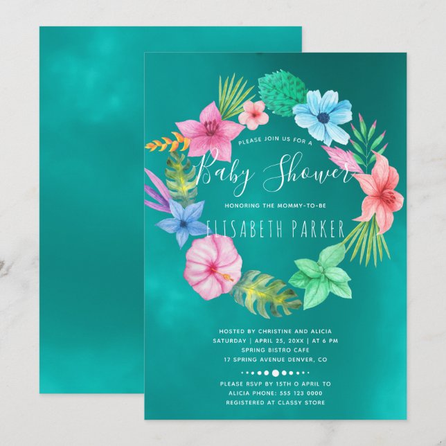 Invitation Collier floral tropical hawaïen bleu sarcelle pour (Devant / Derrière)
