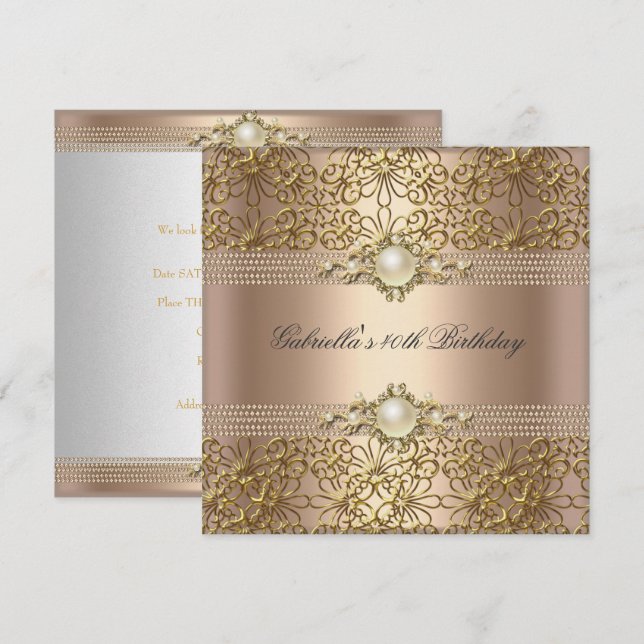 Invitation Collier Perle Café Crème Or pour fête d'anniversai (Devant / Derrière)