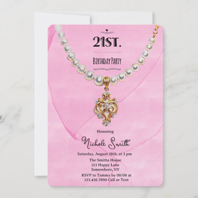Invitation Collier Perle Rose pour une fête d'anniversaire 21 (Devant)