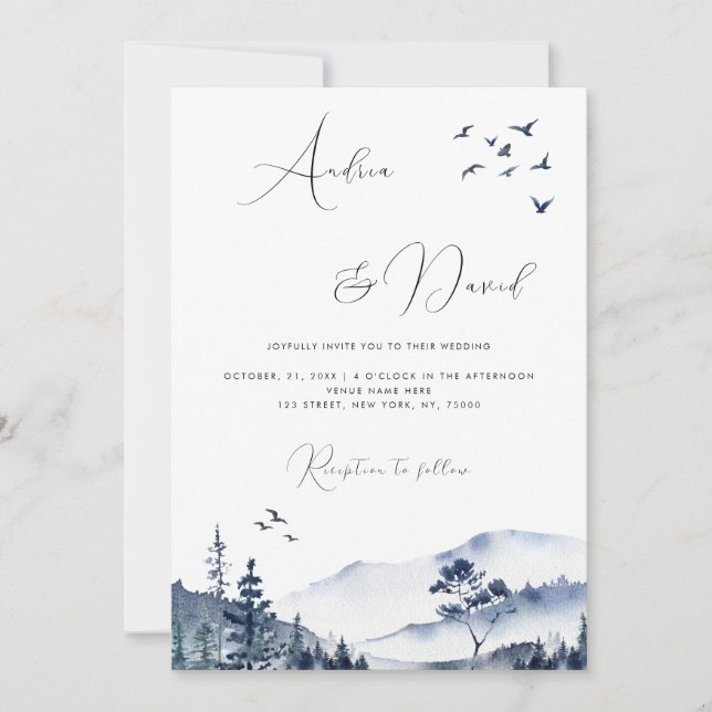 Invitation Collines Montagnes Code QR Mariage Aquarelle Hiver (Devant)