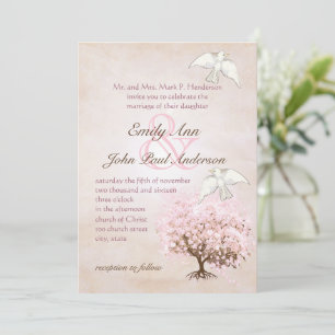Invitation Colombe Arbre Feuille de coeur Rose et Oiseau d'am