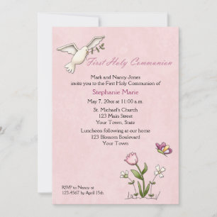 Invitation Colombe blanche, sainte communion rose de fleur