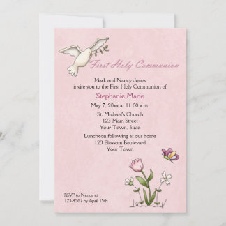 Invitation Colombe blanche, sainte communion rose de fleur