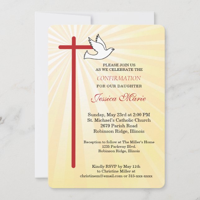 Invitation Colombe croisée arrondie Rayons dorés Confirmation (Devant)