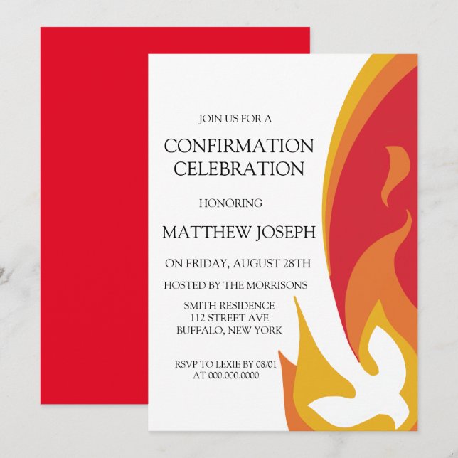 Invitation Colombe de feu rouge tendance Confirmation (Devant / Derrière)