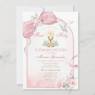 Invitation Colombe de l'Eucharistie avec un Nœud Rose pour la