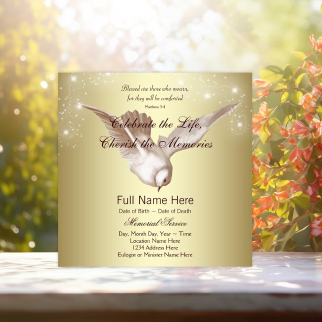 Invitation Colombe dorée élégante en souvenir mémorial (Elegant gold dove memorial service announcements. Simply add your event details.)