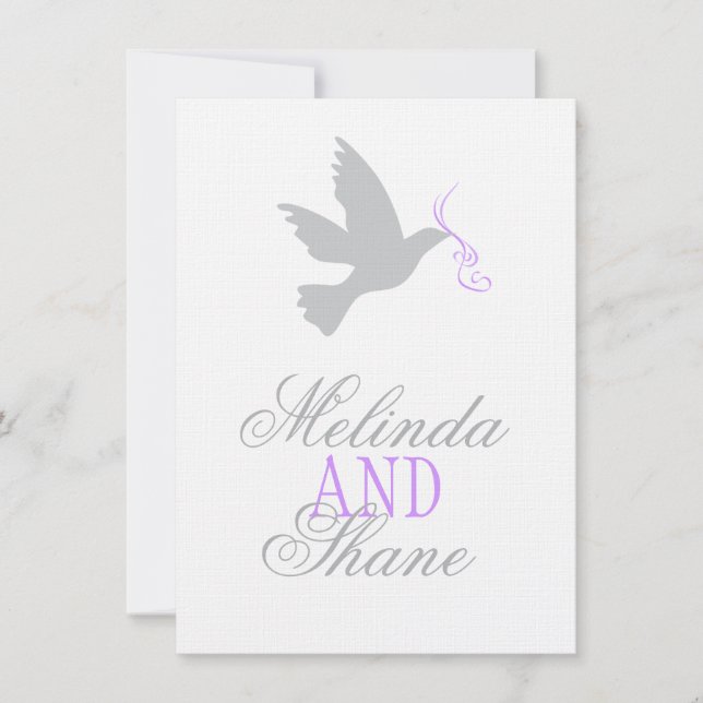 Invitation Colombe grise ruban violet RSVP mariage formel (Devant)