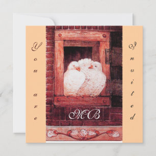 Invitation COLOMBES BLANCHES À LA FENÊTRE, monogramme rose ro
