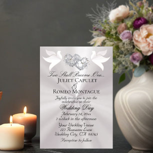 Invitation Colombes, Cœurs, Code QR - Blanc Perle/Argent