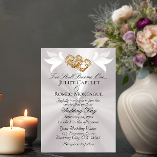 Invitation Colombes, Cœurs, Code QR - Blanc Perle/Or
