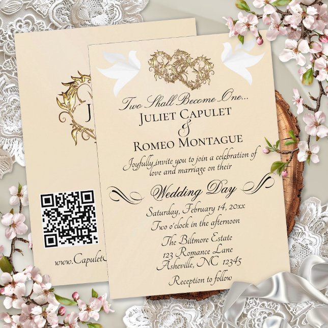 Invitation Colombes, Cœurs, Code QR - Peach Pearl/Or (Créateur téléchargé)