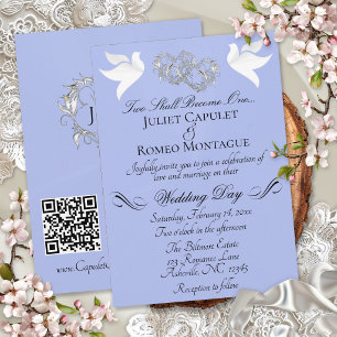 Invitation Colombes, Cœurs, Code QR - Perle Bleue/Argenté