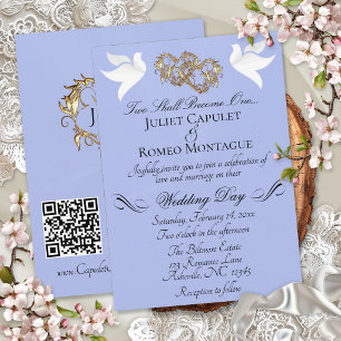 Invitation Colombes, Cœurs, Code QR - Perle Bleue/Or