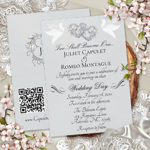 Invitation Colombes, Cœurs, Code QR - Perle d'Argent/Argent