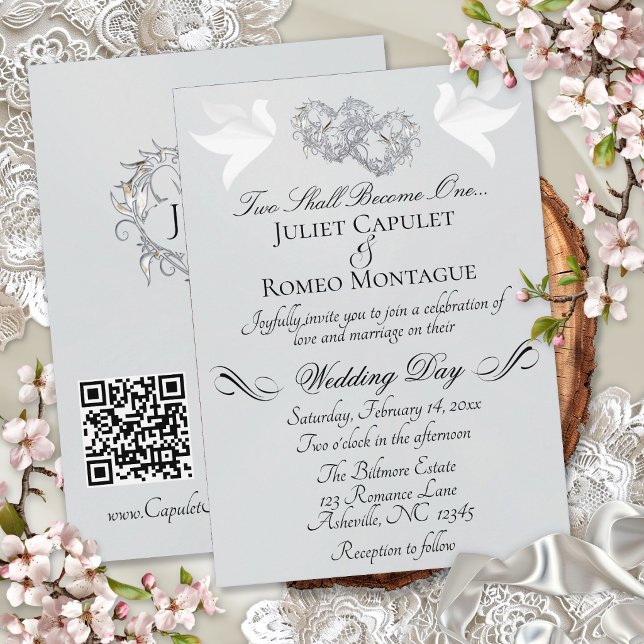 Invitation Colombes, Cœurs, Code QR - Perle d'Argent/Argent (Créateur téléchargé)