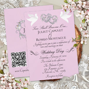 Invitation Colombes, Cœurs, Code QR - Perle Rose/Argent