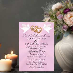 Invitation Colombes, Cœurs, Code QR - Rose Pastel/Or