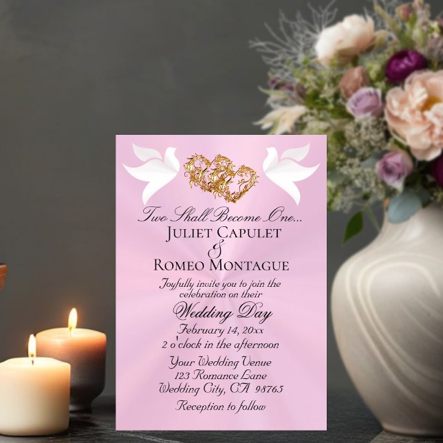 Invitation Colombes, Cœurs, Code QR - Rose Pastel/Or (Créateur téléchargé)