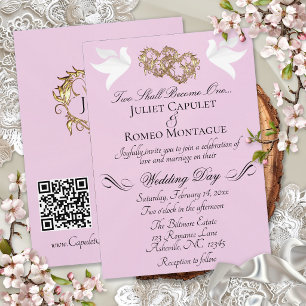 Invitation Colombes, Cœurs, Code QR - Rose Pearl/Or
