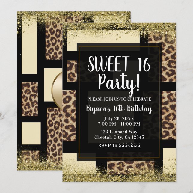 Invitation Color Block Cream Ivory Black & Leopard Cheetah (Devant / Derrière)