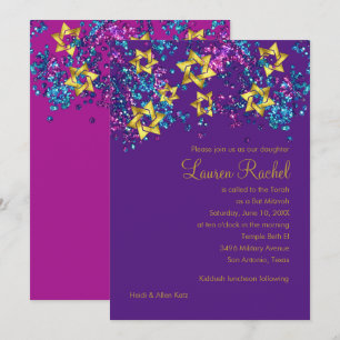 Invitation Coloré Bat mitzvah Gold Star Glittery Confetti