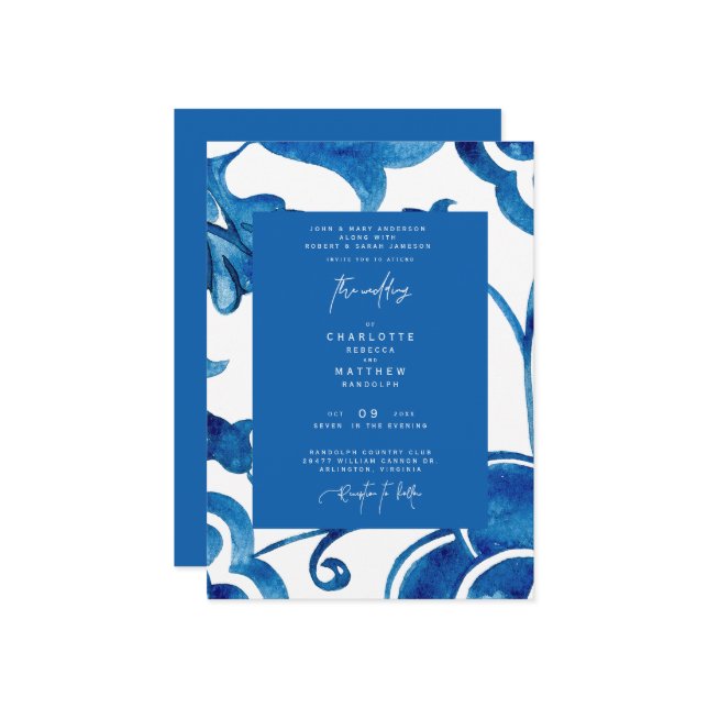 Invitation Coloré Cobalt Carrelage méditerranéen Mariage mode (Devant/Arrière en situation)
