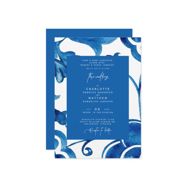 Invitation Coloré Cobalt Méditerranée Mariage moderne (Devant/Arrière en situation)