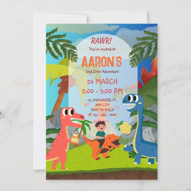 Invitation Coloré Deuxième anniversaire Dinosaur Aventure Par (Devant)