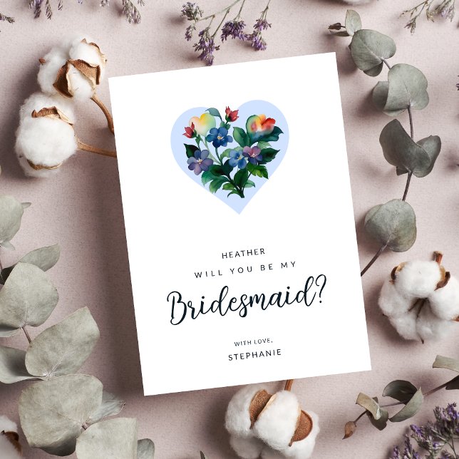 Invitation Coloré Floral Coeur Bleu Shades Bridesmaid (Colorful Floral Heart Blue Shades Bridesmaid Proposal Card with Envelope. )