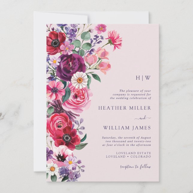 Invitation Coloré Floral Monogramme Mariage (Devant)