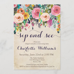 Invitation Coloré floral Sip et voir les invitations, Vintage