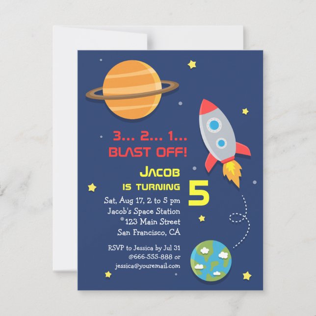 Invitation Coloré, Fusée, Fête Spatiale, Anniversaire Enfants (Devant)