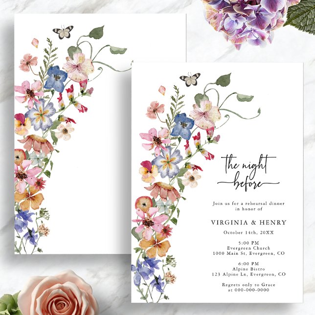 Invitation Coloré La Nuit Avant L'Invitation (Colorful Wildflower The Night Before Invitation with Butterfly by Painted Paperie
)
