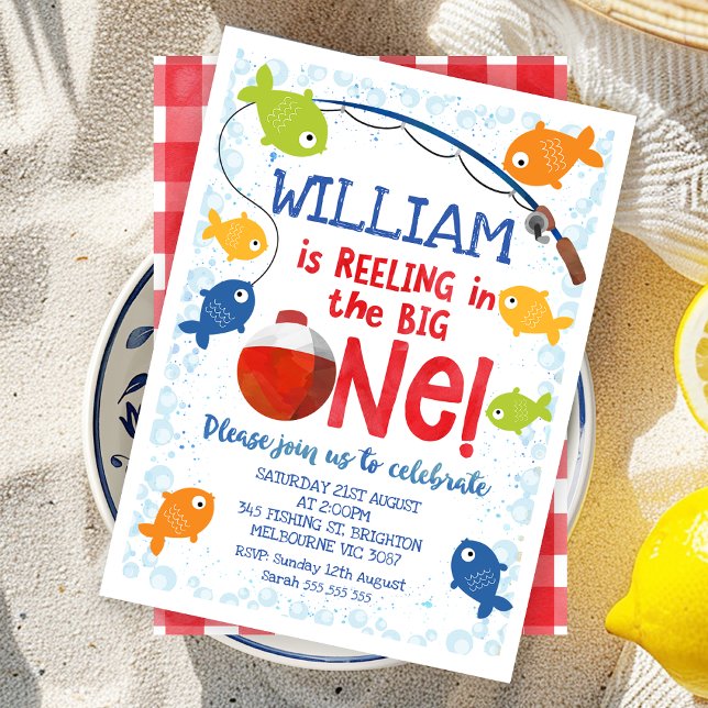 Invitation Coloré Reeling Dans Le Grand Anniversaire (Multicolored Reeling in the Big One 1st Birthday Invitation, Fishing Themed First Birthday Invite)