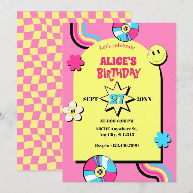 Invitation Coloré rétro pop fun pastel anniversaire (Devant / Derrière)